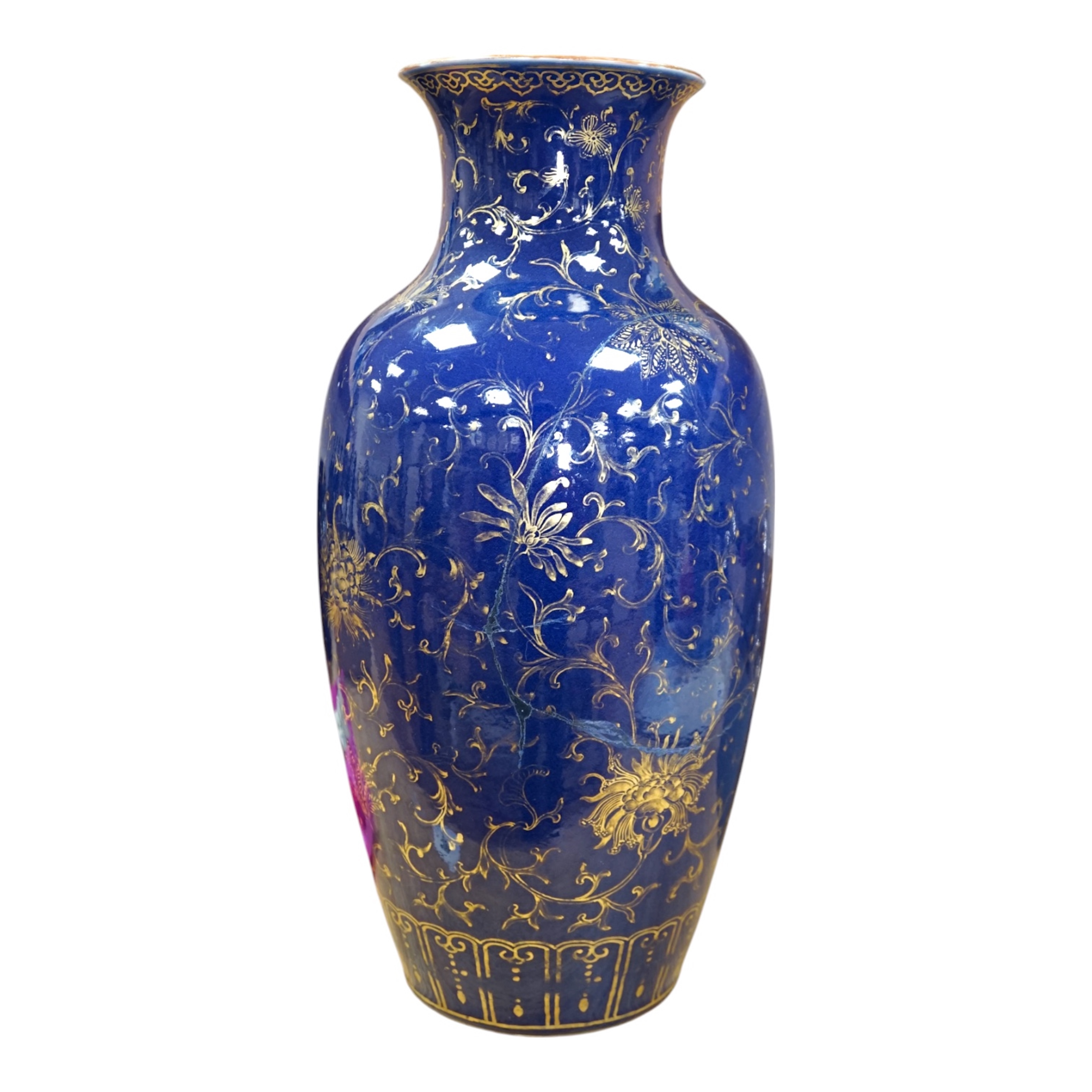 A Chinese gilt decorated blue glazed vase, early 19th century, 48.5cm high. Condition - one side has a large oval break which as been reglued, the gilt decoration is rubbed